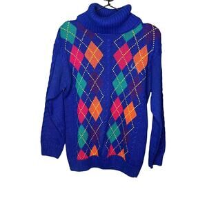 Vintage 1990s Womens Sz S Argyle Turtleneck Sweater by Alison Craig Cotton Ramie